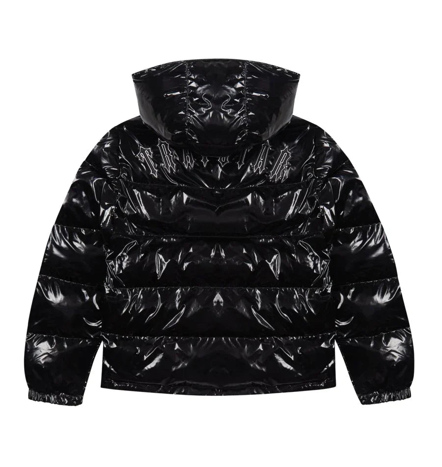 Black shiny puffer jacket with hood best sale